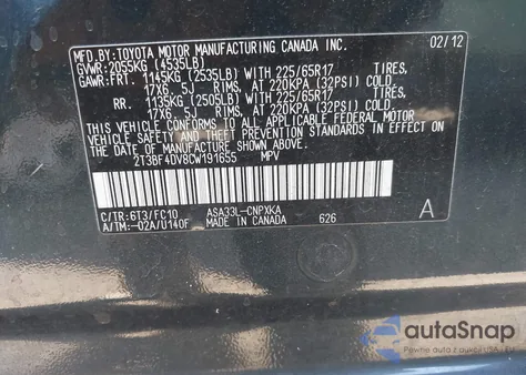 2012 Toyota Rav4 from USA, damaged, VIN 2T3BF4DV8CW191655